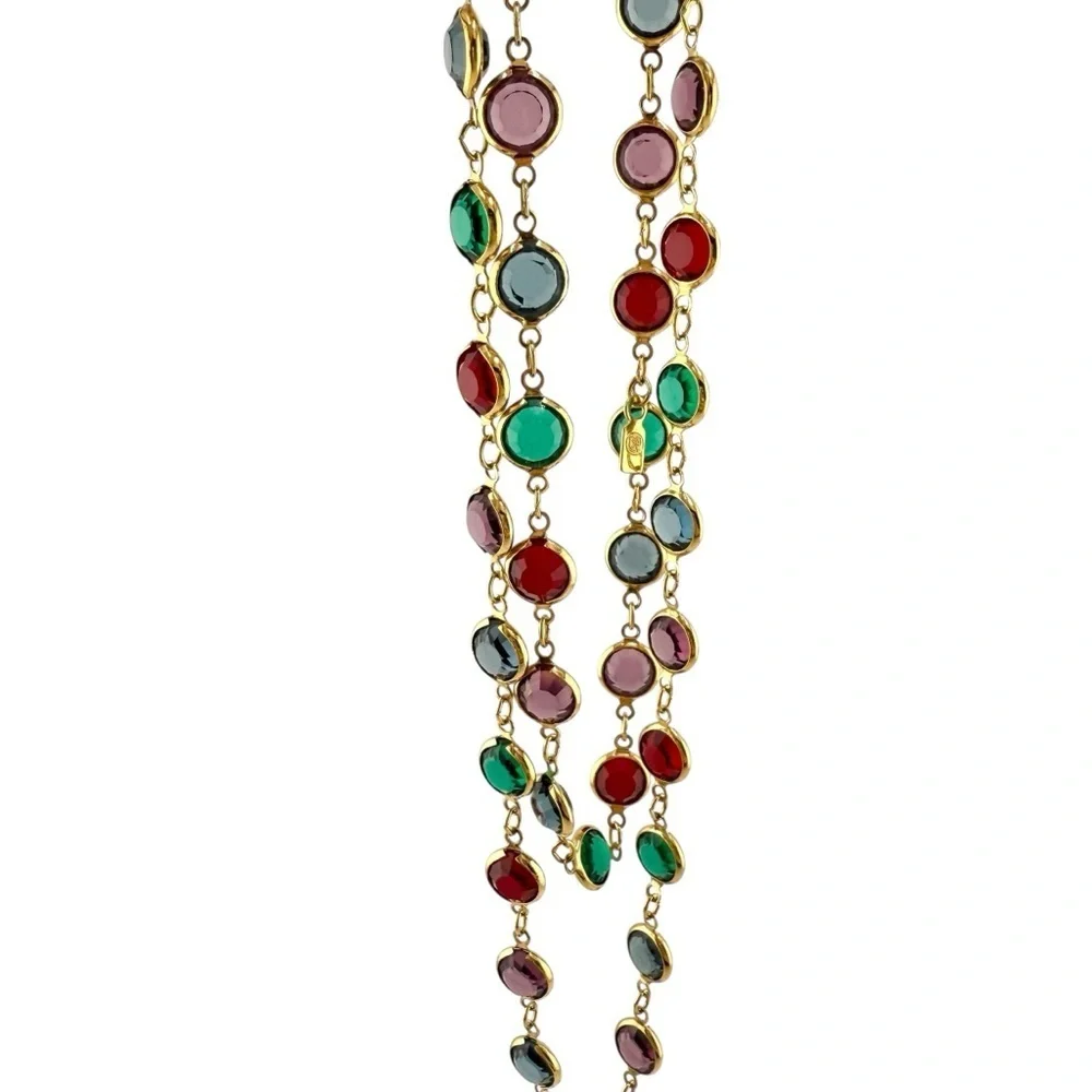 VTG Swarovski Gold Bezel Set Necklace with Red, Green, Blue and Purple Crystals